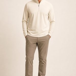 Men's Cream Half-Zip Top worn with an adult model