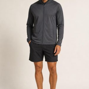 Men's Charcoal Running Jacket worn with an adult model