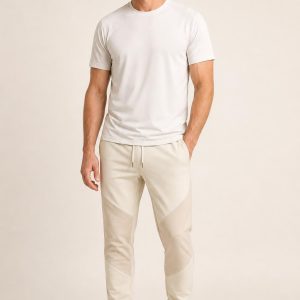 Men's Cream Tonal Panel Training Joggers worn with an adult model