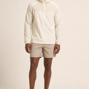 Men's Cream Tonal Panel Running Jacket worn with an adult model