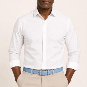 Men's Sky Dress Belt worn with an adult model