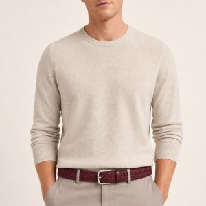 Men's Burgundy Braided Belt worn with an adult model