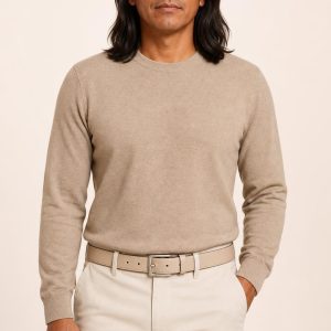 Men's Oatmeal Reversible Belt worn with an adult model