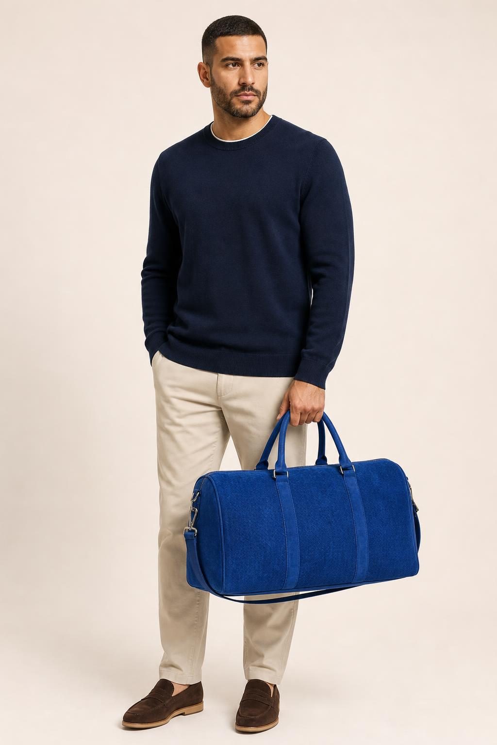 Men's Cobalt Tonal Texture Weekender Bag shown with an adult model