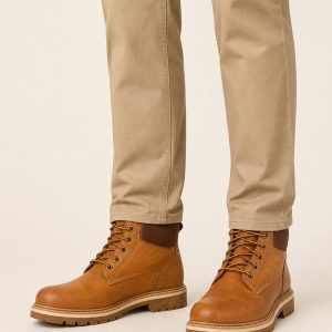 Men's Camel Two-tone Panel Work Boot worn with an adult model