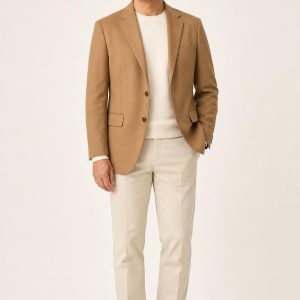 Men's Camel Unstructured Blazer worn with an adult model