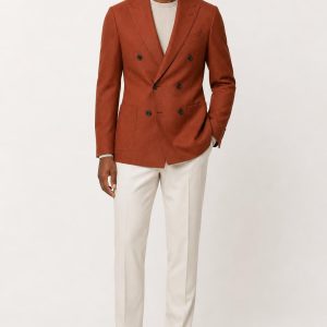 Men's Rust Double-Breasted Blazer worn with an adult model