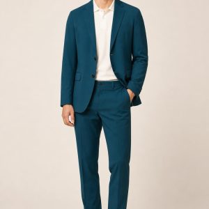 Men's Teal Travel Blazer worn with an adult model
