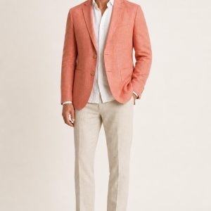 Men's Coral Linen Blazer worn with an adult model