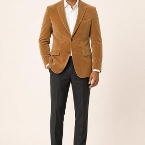 Men's Camel Velvet Blazer worn with an adult model