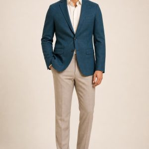 Men's Teal Tonal Texture Two-Button Blazer worn with an adult model