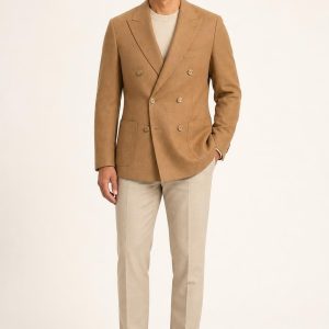 Men's Camel Tonal Texture Double-Breasted Blazer worn with an adult model
