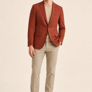 Men's Rust Tonal Texture Travel Blazer worn with an adult model