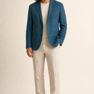 Men's Teal Tonal Texture Linen Blazer worn with an adult model