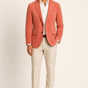 Men's Coral Tonal Texture Velvet Blazer worn with an adult model