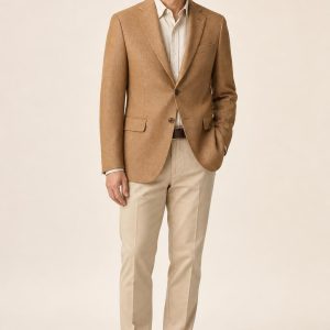 Men's Camel Tonal Texture Hopsack Blazer worn with an adult model