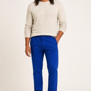 Men's Cobalt Tapered Chinos worn with an adult model