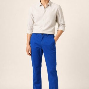 Men's Cobalt Travel Chinos worn with an adult model