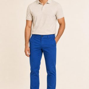 Men's Cobalt Athletic Chinos worn with an adult model