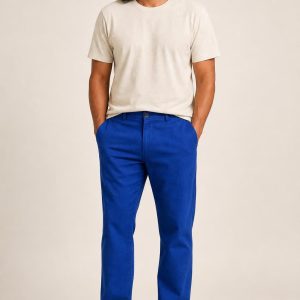 Men's Cobalt Tonal Texture Relaxed Chinos worn with an adult model