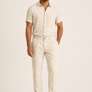 Men's Cream Tonal Texture Pleated Chinos worn with an adult model