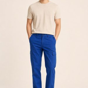 Men's Cobalt Tonal Texture Cargo Chinos worn with an adult model