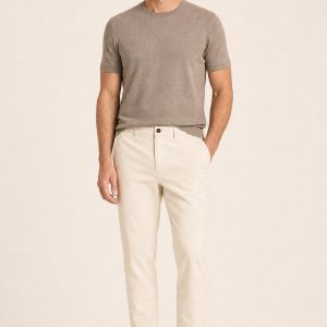 Men's Cream Tonal Texture Cropped Chinos worn with an adult model