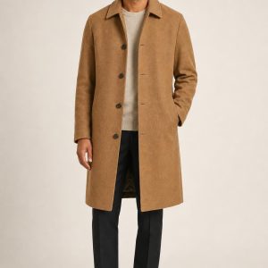 Camel Wool Blend Overcoat worn with an adult model