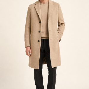 Men's Sand Topcoat worn with an adult model