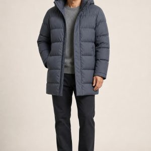 Men's Slate Puffer Coat worn with an adult model