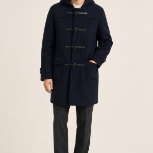 Men's Navy Duffle Coat worn with an adult model