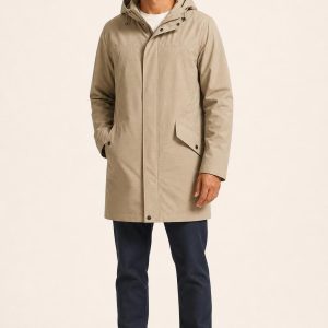 Men's Sand Tonal Texture Raincoat worn with an adult model