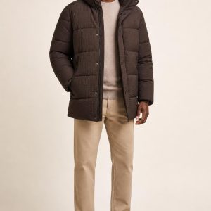 Men's Chocolate Tonal Texture Puffer Coat worn with an adult model