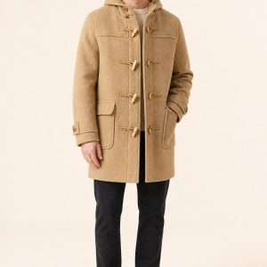 Men's Sand Tonal Texture Duffle Coat worn with an adult model