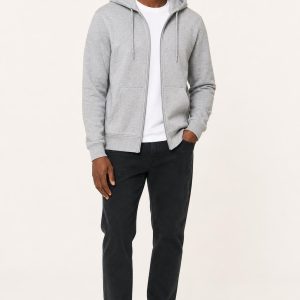 Heather Gray Zip Hoodie worn with an adult model
