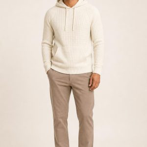Men's Cream Pullover Hoodie worn with an adult model