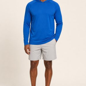 Men's Cobalt Performance Hoodie worn with an adult model