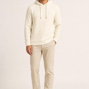 Men's Cream Waffle Hoodie worn with an adult model