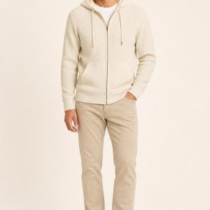 Men's Cream Tonal Texture Zip Hoodie worn with an adult model