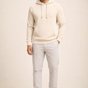 Men's Cream Tonal Texture Fleece Hoodie worn with an adult model