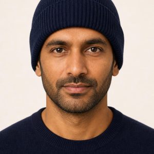 Men's Indigo Rib Beanie worn with an adult model