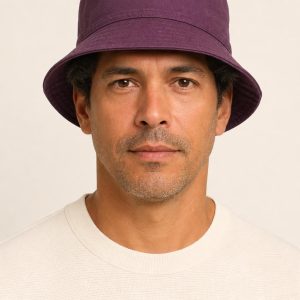Men's Plum Cotton Bucket Hat worn with an adult model