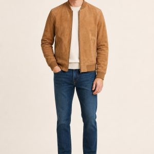 Tan Suede Bomber Jacket worn with an adult model
