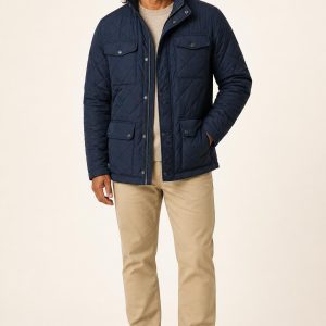Navy Quilted Field Jacket worn with an adult model