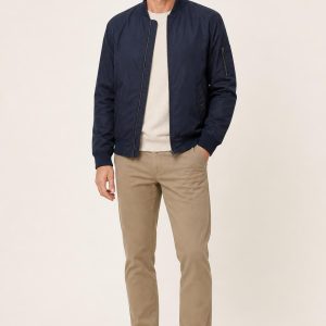 Men's Navy Bomber Jacket worn with an adult model