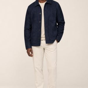 Men's Navy Chore Jacket worn with an adult model