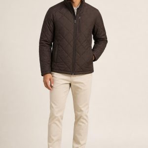 Men's Chocolate Quilted Jacket worn with an adult model