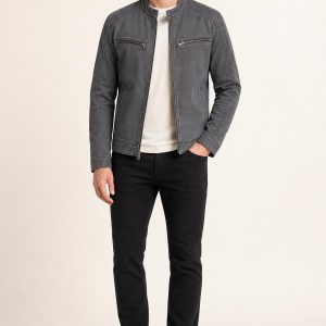 Men's Slate Moto Jacket worn with an adult model