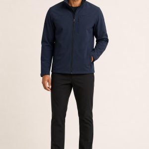 Men's Navy Softshell Jacket worn with an adult model
