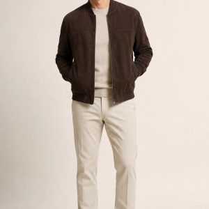Men's Chocolate Tonal Texture Bomber Jacket worn with an adult model
